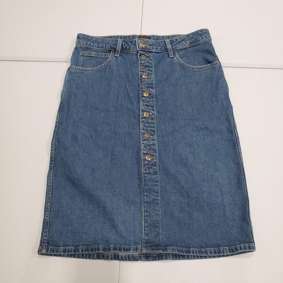 Lee Denim Skirt Womens 8 Blue Button Front A-Line Midi Stretch 5 Pocket Cowgirl - Picture 1 of 9